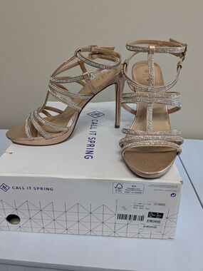 Call It Spring Rose Gold Strappy Rhinestone High Heels